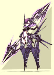 Rule 34 | 1girl, alternate breast size, armor, artery gear, artery gear: fusion, back cutout, breasts, clothing cutout, framed breasts, groin, highres, holding, holding polearm, holding weapon, impossible clothes, kuro (kuroi-nanika), looking at viewer, mecha musume, mechanical ears, mechanical legs, mechanical wings, medium breasts, phantom (artery gear), polearm, purple eyes, purple hair, revealing clothes, shadow, short hair, side cutout, simple background, skin tight, solo, spear, stomach, stomach cutout, thighs, tight clothes, v-shaped eyebrows, weapon, wings, yellow background