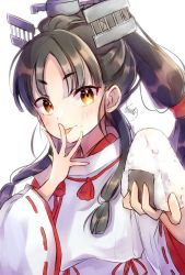 Rule 34 | 1girl, alto2019, black hair, brown eyes, commentary request, folding fan, food, hair tie, hand fan, headgear, high ponytail, highres, japanese clothes, kantai collection, kariginu, licking, licking finger, long hair, miko, multi-tied hair, nisshin (kancolle), onigiri, red ribbon, ribbon, short eyebrows, simple background, solo, thick eyebrows, upper body, very long hair, white background