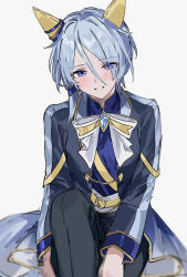 Rule 34 | 1girl, animal ears, black pants, blue eyes, blue hair, blue shirt, blush, bow, bowtie, brooch, coat, ear covers, feet out of frame, grey background, grey coat, hair between eyes, highres, horse ears, jewelry, k.s.miracle (umamusume), knee up, long sleeves, looking at viewer, m75255831, medium hair, open clothes, open coat, open mouth, pants, shirt, simple background, sitting, smile, solo, umamusume
