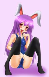 Rule 34 | 1girl, animal ears, bad id, bad pixiv id, blush, female focus, highres, one-piece swimsuit, rabbit ears, reisen udongein inaba, school swimsuit, shiny clothes, skindentation, smile, solo, swimsuit, tera hiroshi, thighhighs, touhou