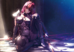 Rule 34 | 1girl, arm support, armor, armored boots, bodysuit, boots, breasts, commentary request, covered navel, expressionless, fate (series), gae bolg (fate), glint, hair between eyes, head tilt, high heel boots, high heels, holding, knee up, large breasts, light, light particles, long hair, looking at viewer, navel, nina (ninageya), pauldrons, polearm, purple bodysuit, purple hair, red eyes, scathach (fate), shade, shoulder armor, sidelocks, sitting, solo, spear, tsurime, very long hair, weapon