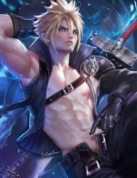 Rule 34 | 00s, 1990s (style), 1boy, abs, arm behind head, armor, armpits, asymmetrical clothes, belt, black gloves, black pants, blonde hair, blue eyes, buster sword, cloud strife, cowboy shot, earrings, final fantasy, final fantasy vii, final fantasy vii advent children, gloves, hair between eyes, highres, jewelry, male focus, navel, nipples, open clothes, open fly, open pants, open shirt, over shoulder, pants, parted lips, pauldrons, pectorals, pointing, pointing at self, retro artstyle, sakimichan, shiny clothes, shirt, short hair, shoulder armor, single pauldron, sitting, solo, spiked hair, spread legs, sword, sword over shoulder, toned, unzipped, weapon, weapon over shoulder, zipper