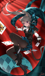 Rule 34 | 1girl, absurdres, ace (playing card), ace of hearts, ace of spades, animal ears, ankle boots, black footwear, boots, bow, breasts, card, cat ears, cat girl, cat tail, cleavage, commentary, cross-laced footwear, expressionless, facial mark, five of spades, four of clubs, four of diamonds, genshin impact, grey hair, hair bow, heart, high heel boots, high heels, highres, joehi, lace-up boots, leotard, lynette (genshin impact), medium breasts, pantyhose, playing card, purple eyes, queen (playing card), queen of spades, red curtains, ribbon, solo, spade (shape), star (symbol), tail, two-tone gloves