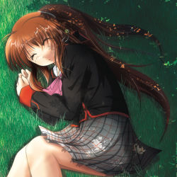 Rule 34 | 1girl, :o, blazer, blush, bow, bowtie, closed eyes, dappled sunlight, fetal position, field, from above, grass, grey skirt, jacket, little busters!, long hair, nanaume (shichimi tougarashi), natsume rin, outdoors, parted lips, pink bow, pink bowtie, plaid, plaid skirt, pleated skirt, skirt, sleeping, solo, sunlight