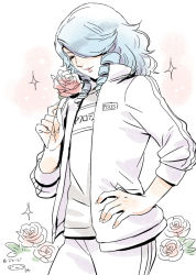 Rule 34 | 1boy, androgynous, blue hair, character name, closed eyes, cowboy shot, drill hair, flower, gradient background, hand on own hip, jacket, lips, male focus, mizuhara aki, open clothes, open jacket, pants, pisces aphrodite, rose, saint seiya, solo, sparkle, track jacket, track pants, track suit