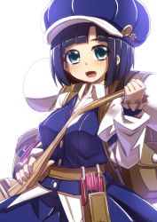 Rule 34 | 1girl, alternate costume, arrow (projectile), blue eyes, blue hair, blush, hat, mary skelter, mizunashi (second run), open mouth, quiver, shirayuki hime (mary skelter), short hair, solo