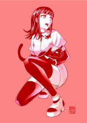 Rule 34 | 1girl, akudama drive, animal, artist logo, blunt bangs, bracelet, breasts, cat, collarbone, commentary request, fingerless gloves, gloves, highres, holding, holding animal, holding cat, jewelry, looking to the side, medium breasts, mole, mole under mouth, monochrome, ogaki rokurou, on one knee, open mouth, pink background, pink theme, shirt, short sleeves, simple background, solo, swindler (akudama drive), thighhighs