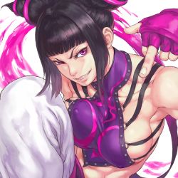 Rule 34 | 1girl, abs, arm up, armpits, baggy pants, blunt bangs, breasts, capcom, chinese clothes, covered erect nipples, drill hair, dudou, energy, fingerless gloves, fingernails, gloves, grin, hair ornament, halterneck, han juri, knee up, large breasts, leg up, lips, looking at viewer, middle finger, muscular, muscular female, o-ring, o-ring top, pants, parted lips, pink gloves, purple eyes, purple pupils, short hair, shu-mai, sideboob, sidelocks, simple background, smile, solo, street fighter, street fighter iv (series), teeth, texture, tsurime, twin drills, unaligned breasts, white background