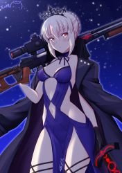 Rule 34 | 1girl, artoria pendragon (all), artoria pendragon (alter swimsuit rider) (third ascension) (fate), artoria pendragon (fate), black gloves, black jacket, blonde hair, blue dress, blush, breasts, closed mouth, clothing cutout, collarbone, commentary request, cowboy shot, dated, dress, excalibur morgan (fate), fate/grand order, fate (series), gloves, gun, hair between eyes, holding, holding gun, holding sword, holding weapon, jacket, jacket on shoulders, looking at viewer, medium breasts, navel, navel cutout, night, night sky, open clothes, open jacket, outdoors, pink eyes, ppshex, rifle, saber alter, short hair, sidelocks, signature, sky, sniper rifle, solo, stomach, sword, thigh strap, tiara, weapon