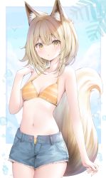 Rule 34 | 1girl, :o, animal ear fluff, animal ears, bad id, bad pixiv id, bare arms, bare shoulders, bikini, bikini under clothes, blue shorts, blush, breasts, brown eyes, brown hair, cleavage, collarbone, cowboy shot, hair between eyes, hand up, highres, looking at viewer, murano, nail polish, navel, open clothes, open fly, open shorts, original, parted lips, short shorts, shorts, small breasts, solo, striped bikini, striped clothes, swimsuit, tail, yellow nails