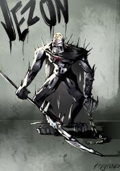 Rule 34 | 1boy, angry, artist name, bionicle, black cape, cape, clenched teeth, colored skin, grey skin, highres, holding, holding polearm, holding weapon, naked cape, no penis, polearm, prog ares, red eyes, shadow, solo, spear, spikes, teeth, the lego group, vezon (bionicle), weapon