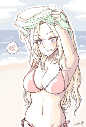 Rule 34 | 1girl, beach, bikini, blonde hair, blue eyes, blush, breasts, clothes lift, cloud, day, heart, highres, hornet (kancolle), kantai collection, large breasts, lifted by self, long hair, open mouth, outdoors, red bikini, shirt lift, side-tie bikini bottom, signature, sky, solo, spoken heart, swimsuit, tatahai, undressing