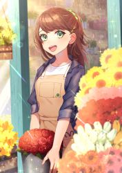 Rule 34 | 1girl, :d, apron, blush, brown hair, day, earrings, florist, flower, green eyes, green scrunchie, hair ornament, hair scrunchie, hairclip, highres, jacket, jewelry, looking at viewer, necklace, open mouth, original, peta (snc7), scissors, scrunchie, smile, solo, standing