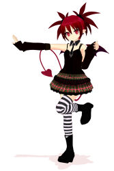 Rule 34 | 1girl, arm warmers, bat wings, boots, demon girl, disgaea, etna (disgaea), gothic lolita, highres, lolita fashion, looking at viewer, red eyes, red hair, solo, tail, thighhighs, twintails, wings