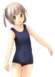 Rule 34 | 1girl, bare arms, bare shoulders, blue one-piece swimsuit, blush, brown hair, collarbone, commentary request, green eyes, highres, looking at viewer, old school swimsuit, one-piece swimsuit, open mouth, original, school swimsuit, shibacha, side ponytail, simple background, solo, standing, swimsuit, thigh gap, white background