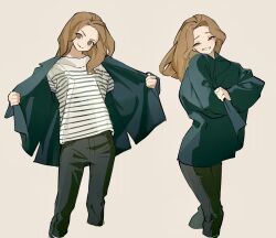 Rule 34 | 1girl, black coat, black pants, brown eyes, brown hair, coat, commentary, cropped legs, forehead, highres, holding, holding clothes, jacket, kimura 731, long hair, long sleeves, looking at viewer, open clothes, open jacket, opened by self, original, pants, puffy long sleeves, puffy sleeves, shirt, simple background, smile, smug, solo, striped clothes, striped shirt, symbol-only commentary, white background, white shirt