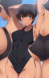 Rule 34 | 1girl, armpits, ass, black hair, black one-piece swimsuit, blue eyes, blush, breasts, closed mouth, collarbone, covered navel, em (totsuzen no hakike), large breasts, multiple views, one-piece swimsuit, original, presenting armpit, short hair, smile, sweat, swimsuit