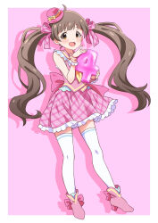 Rule 34 | 1girl, :d, ahoge, back bow, balloon, bare shoulders, blush, boots, border, bow, brown eyes, brown hair, commentary request, contrapposto, countdown, footwear bow, frilled skirt, frilled wrist cuffs, frills, full body, gingham, gingham ribbon, gingham skirt, goma konbu, hair bow, hakozaki serika, hands up, hat, hat bow, hat ribbon, high heel boots, high heels, highres, holding, holding balloon, idolmaster, idolmaster million live!, jacket, lone nape hair, long hair, looking at viewer, looking to the side, mini hat, miniskirt, neckerchief, number balloon, open mouth, outside border, pink background, pink bow, pink footwear, pink hat, pink jacket, pink skirt, pink theme, pink wrist cuffs, raised eyebrows, ribbon, shadow, skirt, sleeveless, sleeveless jacket, smile, solo, standing, tareme, thighhighs, three quarter view, turning head, twintails, very long hair, white border, white thighhighs, wrist cuffs, yellow bow, yellow neckerchief, yellow ribbon, zettai ryouiki