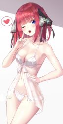 Rule 34 | 1girl, absurdres, bare shoulders, black ribbon, blue nails, blunt bangs, blush, bra, breasts, butterfly hair ornament, frilled bra, frills, go-toubun no hanayome, groin, hair ornament, hand on own hip, hand up, heart, highres, kanzi, looking at viewer, medium breasts, nail polish, nakano nino, navel, one eye closed, open mouth, pink hair, pink nails, ribbon, see-through, solo, spoken heart, thighs, tongue, tongue out, underwear, underwear only, white bra