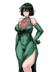 Rule 34 | 1girl, alternate costume, bare shoulders, breasts, choker, cleavage, covered navel, curvy, dress, elbow gloves, fubuki (one-punch man), gloves, green choker, green dress, green eyes, green gloves, green hair, halter dress, halterneck, hand on own hip, highres, huge breasts, kelvin hiu, large breasts, long dress, one-punch man, see-through, short hair, side slit, simple background, skindentation, solo, standing, white background