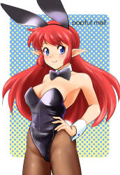 Rule 34 | 1girl, absurdres, alternate costume, animal ears, black leotard, blue eyes, bow, bowtie, brown pantyhose, commentary request, copyright name, detached collar, elf, fake animal ears, hand on own hip, highres, leotard, long hair, looking at viewer, mail (popful mail), nanao futaba, pantyhose, playboy bunny, pointy ears, popful mail, rabbit ears, rabbit tail, red hair, solo, tail, wrist cuffs