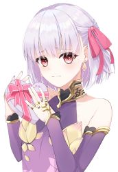 Rule 34 | 1girl, armlet, armor, bare shoulders, bikini armor, blush, box, bracelet, breasts, collar, detached sleeves, dress, earrings, fate/grand order, fate (series), floral print, gift, gift box, hair ribbon, heart-shaped box, highres, jewelry, kama (fate), kama (first ascension) (fate), looking at viewer, metal collar, mizuki (s0511), nail polish, purple dress, purple sleeves, red eyes, ribbon, ring, short hair, silver hair, small breasts, solo