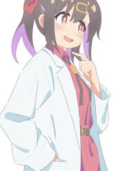 Rule 34 | 1girl, belt, belt buckle, black belt, black hair, black ribbon, blush, breasts, buckle, coat, collared dress, colored inner hair, commentary, dress, hair ornament, hairclip, hand in pocket, highres, kusana (kusana47454281), lab coat, long sleeves, multicolored hair, neck ribbon, onii-chan wa oshimai!, open clothes, open coat, open mouth, orange eyes, oyama mihari, pink dress, ponytail, purple hair, ribbon, sidelocks, simple background, small breasts, smile, solo, two-tone hair, white background