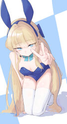 Rule 34 | 1girl, absurdres, animal ears, aqua bow, aqua bowtie, blonde hair, blue archive, blue eyes, blue hair, blue leotard, blunt bangs, bow, bowtie, braid, breasts, cleavage, commentary request, earpiece, fake animal ears, french braid, highres, kneeling, kumakono, leotard, long hair, looking at viewer, medium breasts, multicolored hair, official alternate costume, rabbit ears, solo, strapless, strapless leotard, streaked hair, thighhighs, toki (blue archive), toki (bunny) (blue archive), v, very long hair, white thighhighs