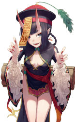 Rule 34 | 1girl, blush, braid, braided hair rings, breasts, chinese clothes, cleavage cutout, clothing cutout, fate/grand order, fate (series), hair rings, hat, heroic spirit festival outfit, highres, horns, jiangshi, long sleeves, looking at viewer, medium breasts, nail polish, ofuda, oni, open mouth, pelvic curtain, purple eyes, purple hair, qingdai guanmao, short hair, shuten douji (fate), shuten douji (festival outfit) (fate), simple background, skin-covered horns, smile, solo, tesin (7aehyun), thighs, twin braids, white background
