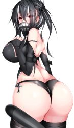Rule 34 | 1girl, artist request, ass, azur lane, bare shoulders, black hair, blush, breasts, bridal gauntlets, butt crack, corset, cross, cross earrings, curvy, earrings, from behind, hair ornament, highres, huge ass, huge breasts, jewelry, long hair, looking at viewer, mask, multicolored hair, piercing, red eyes, shiny skin, sideboob, solo, thighhighs, thong, twintails, two-tone hair, u-47 (azur lane), white hair, wide hips