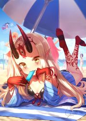 Rule 34 | 6+girls, bare shoulders, barefoot, beach, beach towel, beach umbrella, bikini, black bikini, blonde hair, blue kimono, blue sky, blush, breasts, cleavage, cloud, collarbone, commentary request, day, elizabeth bathory (fate), elizabeth bathory (fate/extra ccc), facial mark, fang, fang out, fangs, fate/grand order, fate (series), fingernails, food, forehead mark, front-tie top, hat, highres, horns, ibaraki douji (fate), ibaraki douji (fate/grand order), ibaraki douji (swimsuit lancer) (fate), ibaraki douji (swimsuit lancer) (first ascension) (fate), japanese clothes, kimono, long hair, looking at viewer, lying, martha (fate), martha (swimsuit ruler) (fate), multiple girls, nero claudius (fate), nero claudius (fate) (all), nero claudius (fate/extra), nero claudius (swimsuit caster) (fate), ocean, on stomach, oni, outdoors, pink hair, pointy ears, popsicle, purple hair, sharp fingernails, shuten douji (fate), skin-covered horns, sky, smile, swimsuit, tamamo (fate), tamamo no mae (fate/extra), tamamo no mae (swimsuit lancer) (fate), tattoo, the pose, towel, umbrella, very long hair, water, yapo (croquis side), yellow eyes
