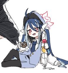 Rule 34 | 1girl, antenna hair, arm support, armband, black leggings, blue archive, blue hair, blue headwear, blue necktie, blue vest, bow, doughnut, fami miminmin, food, fubuki (blue archive), full body, grey hair, hair bow, hair ornament, hand on ground, heart, heart hair ornament, holding, holding food, jacket, leggings, lowres, lying, multicolored hair, necktie, on side, parted bangs, red eyes, shirt, simple background, solo, streaked hair, twintails, vest, white background, white bow, white jacket, white shirt