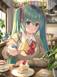 Rule 34 | 1girl, blush, bow, brown sweater, cake, cake slice, chair, closed mouth, collared shirt, commentary request, cup, day, dress shirt, feeding, food, fork, green eyes, green hair, hair ribbon, hatsune miku, highres, holding, holding fork, incoming food, indoors, long hair, long sleeves, looking at viewer, menu, plant, potted plant, red bow, red ribbon, ribbon, sakura miku, saucer, shelf, shirt, sitting, sleeves past wrists, smile, solo, sweater, table, teacup, twintails, very long hair, vocaloid, white shirt, window, yuuka nonoko