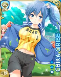 Rule 34 | 2girls, blue eyes, blue hair, blue jacket, breasts, card (medium), character name, closed mouth, day, girlfriend (kari), gloves, hayami eiko, jacket, medium breasts, multiple girls, navel, official art, open clothes, open jacket, oribe chika, outdoors, ponytail, qp:flapper, shoes, shorts, smile, soccer, standing, tagme, yellow background