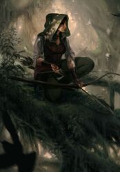 Rule 34 | 1girl, arrow (projectile), bow, forest, green pants, gwent (game), highres, holding, holding weapon, hood, milaen, nature, non-web source, pants, realistic, shade, squatting, the witcher (series), tree, weapon