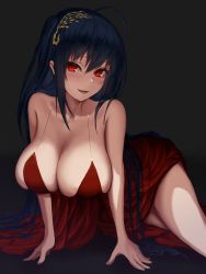 Rule 34 | 1girl, azur lane, bare shoulders, black hair, breasts, cleavage, cocktail dress, collarbone, dress, evening gown, hair between eyes, hair ornament, hanging breasts, highres, large breasts, leaning forward, long hair, looking at viewer, official alternate costume, red dress, red eyes, sagging breasts, simantiu, sleeveless, sleeveless dress, solo, taihou (azur lane), taihou (forbidden feast) (azur lane), very long hair