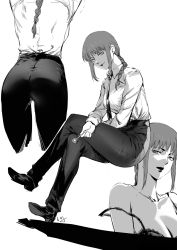 Rule 34 | 1girl, arms up, ass, bare shoulders, black bra, black necktie, black pants, bra, braid, breasts, candy, chainsaw man, cleavage, collared shirt, crossed legs, food, from behind, greyscale, half-closed eyes, highres, liangjushuang, lollipop, long sleeves, looking at viewer, makima (chainsaw man), monochrome, necktie, pants, shirt, simple background, single braid, sitting, smile, solo, strap slip, underwear, white background, white shirt