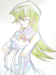 Rule 34 | 1girl, artist request, bare shoulders, breasts, brown eyes, female focus, fingerless gloves, gloves, green hair, long hair, looking at viewer, medium breasts, monochrome, parted lips, simple background, sketch, skirt, smile, solo, tenjouin asuka, white background, wink, yu-gi-oh!, yu-gi-oh! gx