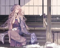 Rule 34 | 1girl, blunt bangs, c cand1e, closed mouth, diamond (shape), expressionless, floral print kimono, gem, hair bun, highres, japanese clothes, kimono, long hair, looking at viewer, obi, original, outdoors, own hands together, purple eyes, purple gemstone, purple hair, purple kimono, purple sash, rabbit, sash, shouji, sitting, sleeping animal, sliding doors, snow, solo, wide sleeves, winter, wooden stairs