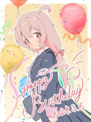 Rule 34 | 1girl, ahoge, bag, balloon, black jacket, black skirt, border, brown eyes, commentary, confetti, dated, english text, from side, genderswap, genderswap (mtf), hair between eyes, hair ribbon, happy birthday, highres, jacket, light blush, long hair, long skirt, long sleeves, looking at viewer, looking to the side, low twintails, onii-chan wa oshimai!, outline, outside border, oyama mahiro, parted lips, pink hair, pleated skirt, red ribbon, ribbon, school bag, school uniform, simple background, skirt, solo, streamers, twintails, unkimo, white border, white outline, yellow background