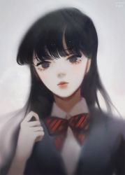 Rule 34 | 1girl, arm up, bad id, bad pixiv id, black eyes, black hair, black jacket, bow, bowtie, closed mouth, collared shirt, commentary request, grey background, jacket, komi-san wa komyushou desu, komi shouko, long hair, looking at viewer, red bow, red bowtie, red lips, shirt, simple background, solo, suit jacket, upper body, white shirt, wing collar, yueko (jiayue wu)
