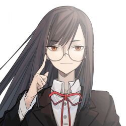 Rule 34 | 1girl, face focus, glasses, holding glasses, long hair, looking at viewer, orange eyes, original, smile, white background, zhili xingzou