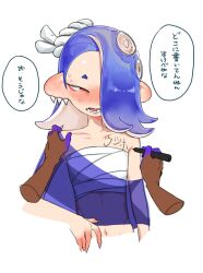 Rule 34 | 2girls, asymmetrical hair, bandages, bare shoulders, blue hair, blush, body writing, chest sarashi, collarbone, colored skin, commentary request, cropped torso, dark-skinned female, dark skin, disembodied hand, earrings, embarrassed, fangs, frye (splatoon), hachimaki, hair over one eye, headband, highres, holding, holding marker, inkling, jewelry, marker, medium hair, multicolored hair, multicolored skin, multiple earrings, multiple girls, navel, nejiri hachimaki, nintendo, nose blush, octoling, one eye covered, open mouth, parted bangs, pointy ears, purple skin, red eyes, sarashi, shiver (splatoon), short eyebrows, simple background, solo focus, speech bubble, splatoon (series), splatoon 3, stomach, suction cups, sweatdrop, teeth, tentacle hair, tooth earrings, translated, tsurime, utsuho no tami, white background, white hair