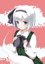 Rule 34 | 1girl, absurdres, anhao, blue eyes, bob cut, bow, bowtie, closed mouth, collared shirt, dated, dress, dress shirt, eyebrows, ghost, green skirt, green vest, hair bow, hairband, hands up, highres, hitodama, konpaku youmu, konpaku youmu (ghost), long sleeves, looking at viewer, ribbon, shirt, short hair, signature, silver hair, skirt, smile, solo, touhou, upper body, vest, white shirt, wing collar