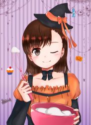 Rule 34 | 1girl, absurdres, artist request, bowl, brown eyes, brown hair, cooking, egg beater, halloween, hat, highres, misaka mikoto, one eye closed, short hair, smile, solo, toaru majutsu no index, wink, witch hat