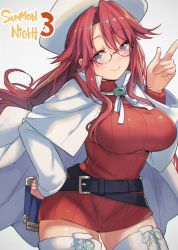 Rule 34 | 1girl, aty (summon night), belt, beret, blue eyes, boots, breasts, cape, commentary request, cross-laced footwear, dress, glasses, haruken, hat, lace-up boots, large breasts, long hair, looking at viewer, loose belt, red hair, red sweater, ribbed sweater, solo, summon night, summon night 3, sweater, thigh boots, thighhighs, turtleneck, white footwear