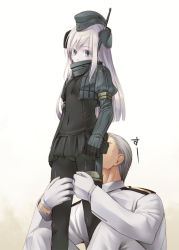 Rule 34 | 10s, 1boy, 1girl, admiral (kancolle), age difference, armlet, blonde hair, blue eyes, bodysuit, breasts, covered mouth, covered navel, cropped jacket, garrison cap, gloves, gradient background, grey hair, hat, headgear, jacket, kantai collection, kirishima satoshi, long hair, looking at viewer, military, military uniform, miniskirt, naval uniform, navel, open clothes, open jacket, pleated skirt, puffy sleeves, short hair, sidelocks, sitting, skin tight, skirt, small breasts, smelling, standing, thigh grab, thighlet, u-511 (kancolle), uniform, white gloves, white hair