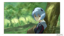 Rule 34 | 1girl, against tree, artist name, ayanami rei, blue hair, dappled sunlight, dated, forest, hair ornament, hat, highres, looking at viewer, nature, neon genesis evangelion, red eyes, reyalp, short hair, signature, solo, spacesuit, standing, sun hat, sunlight, tree, tree shade, under tree