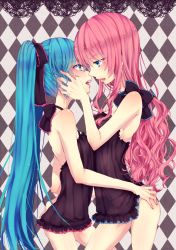 Rule 34 | 2girls, aqua eyes, aqua hair, argyle, argyle background, argyle clothes, bad id, bad pixiv id, bare arms, bare legs, bare shoulders, blush, bow, camisole, couple, eye contact, female focus, hair between eyes, hair bow, hair ribbon, hatsune miku, highres, hug, imminent kiss, legs, lingerie, long hair, looking at another, megurine luka, multiple girls, neck, open mouth, panties, pink hair, ribbon, round teeth, see-through, side-tie panties, sidelocks, standing, suzuho, teeth, twintails, underwear, very long hair, vocaloid, wavy hair, yuri