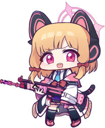 Rule 34 | 1girl, :d, absurdres, animal ear headphones, animal ears, assault rifle, battle rifle, black skirt, black thighhighs, blonde hair, blue archive, blue necktie, bow, chibi, collared shirt, commentary request, fake animal ears, full body, gun, h&amp;k g3, hair bow, halo, headphones, highres, holding, holding gun, holding weapon, jacket, long sleeves, looking at viewer, momoi (blue archive), necktie, off shoulder, open mouth, panatisia, pink footwear, purple eyes, red bow, rifle, shirt, shoes, sidelocks, simple background, skirt, sleeves past wrists, smile, solo, standing, suspender skirt, suspenders, tail, teeth, thighhighs, upper teeth only, v-shaped eyebrows, weapon, white background, white jacket, white shirt, wide sleeves